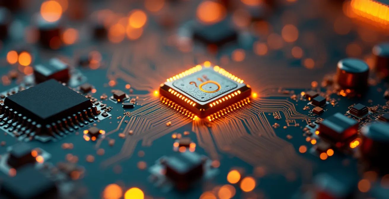 Vue macro d'un circuit électronique avec composants de sécurité dorés et cristaux de silicium, représentant l'infrastructure technique des prestataires qualifiés