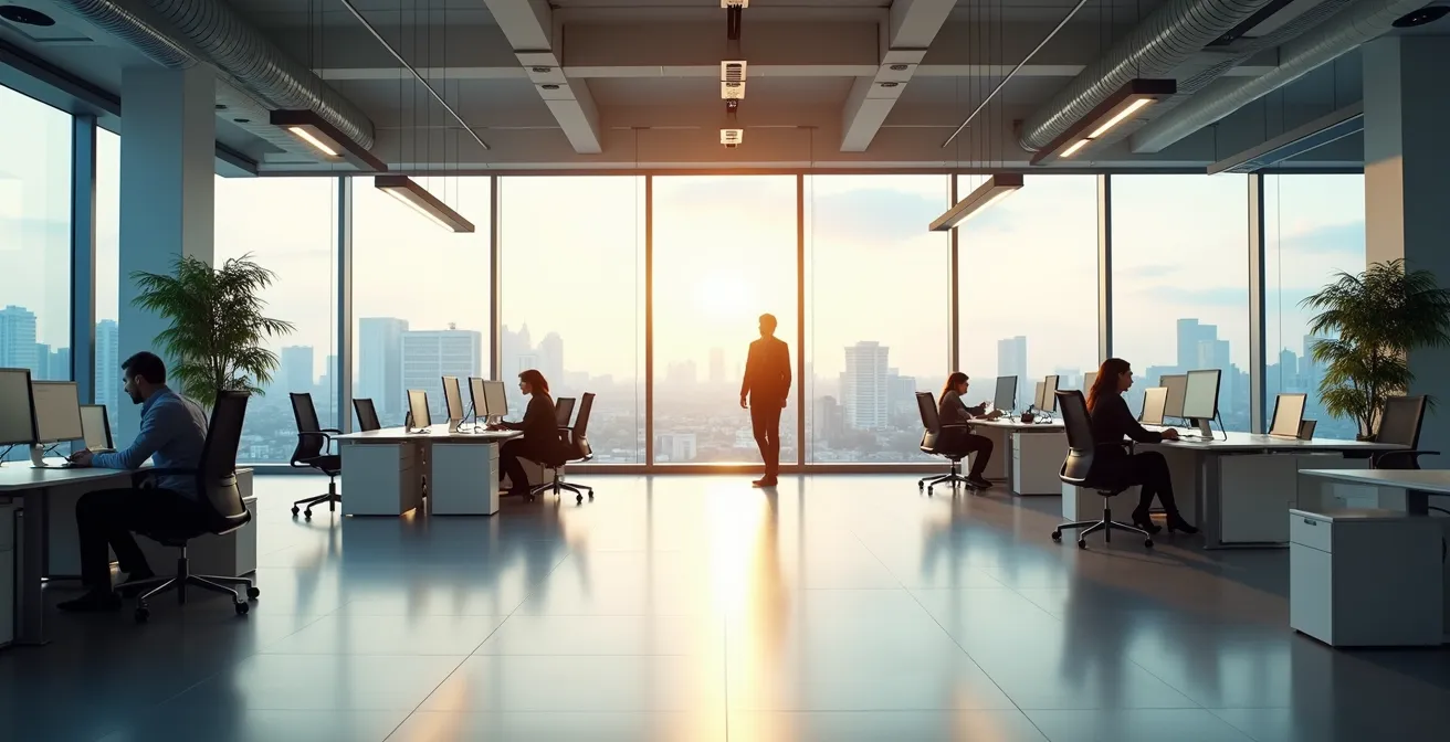 Espace de travail moderne avec vue sur la ville et équipe en réflexion