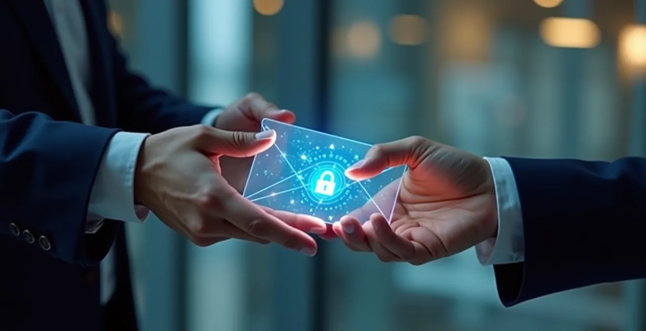 Mains professionnelles échangeant une enveloppe digitale translucide avec sceaux lumineux, symbolisant les différents niveaux de garantie