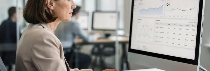 Directrice financière analysant un tableau de bord de suivi poste clients sur écran