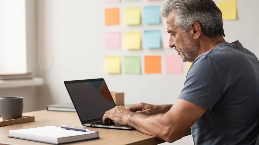 Professionnel travaillant sur ordinateur portable avec post-its colorés pour organisation suivi clients