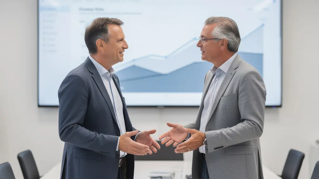 Deux professionnels discutant devant un écran affichant des graphiques de suivi trésorerie